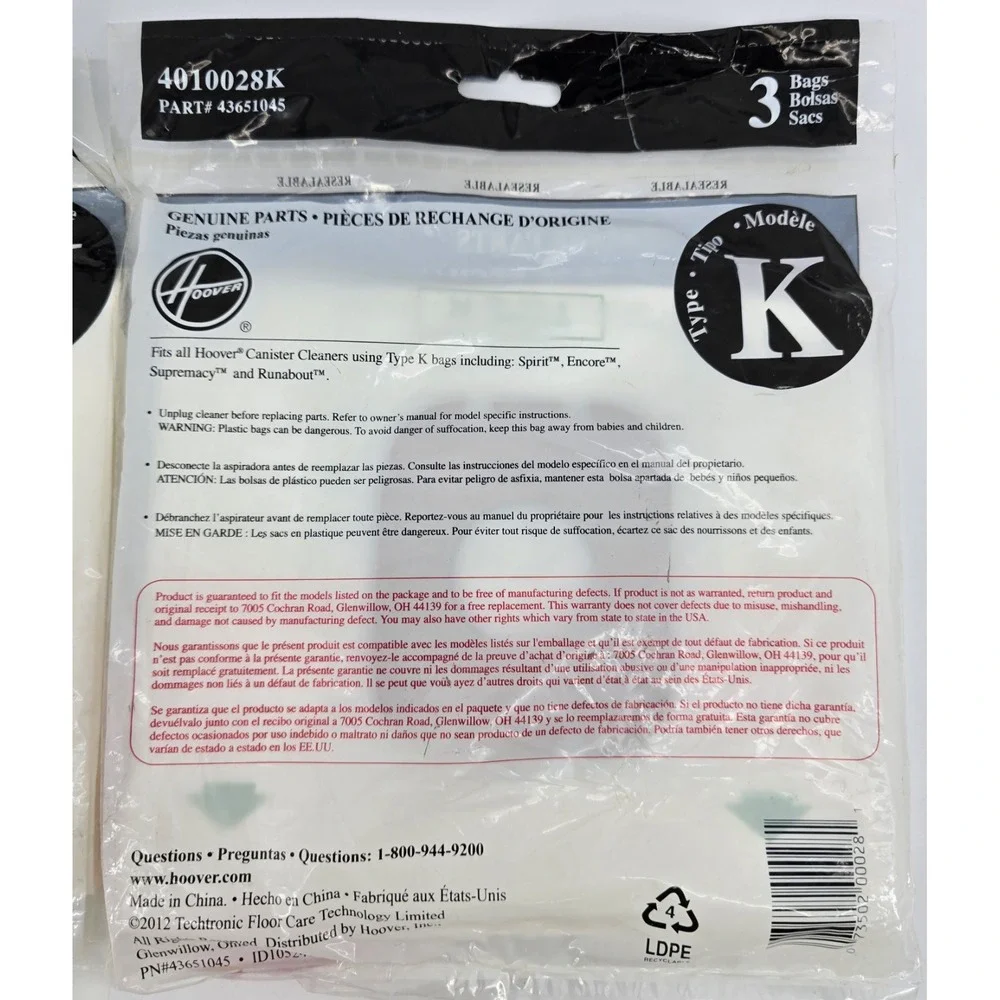 Genuine HOOVER Type K Vacuum Cleaner Bags 4010028K‎ 2 Packs of 3 (6 total) OEM